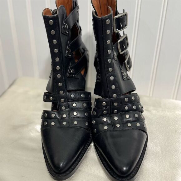 Coach Black Leather Studded Cutout Western Boots 7B Buckle Moto Pointed Toe - Picture 2 of 8